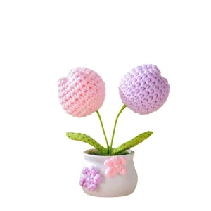 Handmade crochet potted flower pink purple bloom cute desk car decor gift ornament