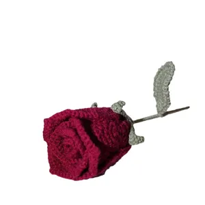 Handmade crochet rose flower knitted wool wine red rose bud home decor gift artificial