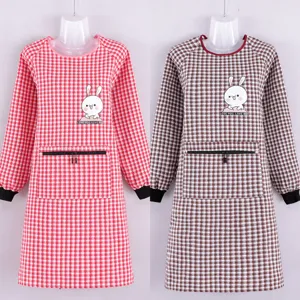 Cotton Long Sleeve Apron Kitchen Cooking Anti-Staining Smock Cute Rabbit Print Zipper Pocket Work Clothes