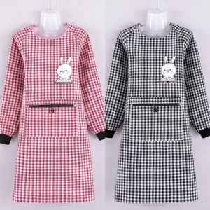 Long sleeve plaid apron smock with zipper pocket and cute rabbit print for kitchen cooking.