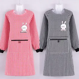 Long sleeve plaid kitchen apron with cute rabbit print and functional zipper pocket.