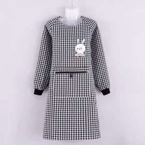 Black white checkered long sleeve apron detail, cute rabbit print pocket kitchen wear