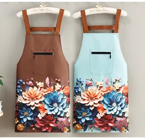 Waterproof kitchen apron with 3D floral print, stylish cooking workwear with zipper pocket for home use.