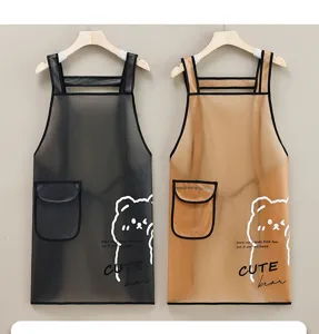 TPU transparent waterproof apron for kitchen cooking, cute bear pattern with pockets, oil-proof