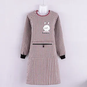 Korean style long sleeve checkered apron with zipper pocket and cute rabbit print for kitchen cooking.