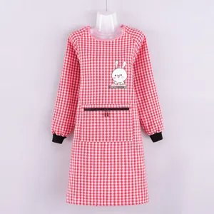 Red and white checkered long sleeve apron kitchen cooking smock with cute rabbit pocket print.