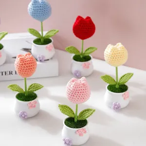 Handmade crochet tulip potted plant cute knitted flower desktop ornament gift decoration
