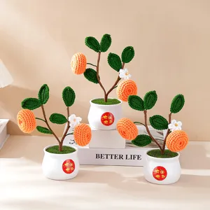 Handmade Crocheted Kumquat Potted Plant Woolen Yarn Flower Bouquet Festive Home Decor Tabletop Ornament Living Room Decoration