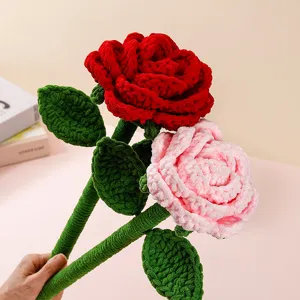 Handmade Crochet Giant Rose Yarn Artificial Flower Finished Bouquet For Valentine Mother Teacher Birthday Gift