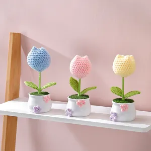 Handcrafted crochet tulip potted plant detail view, perfect cute desk ornament and lovely gift.