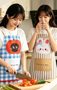 Cotton linen kitchen apron with cute cartoon pattern, sleeveless halter design with pocket.