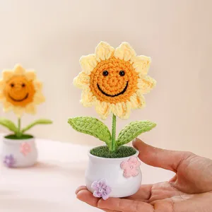 Handmade crochet sunflower potted plant detail view, perfect cute desktop decor and gift.