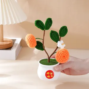 Handmade crochet orange potted plant artificial flower home decor desktop ornament gift.