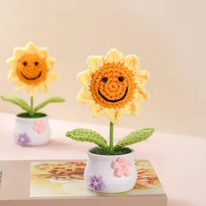 Handmade crochet sunflower potted plant cute smiley flower for desk and car decoration gift.