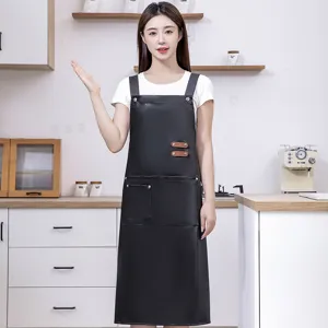 Waterproof PU leather kitchen apron for cooking restaurant work, long design for men women.