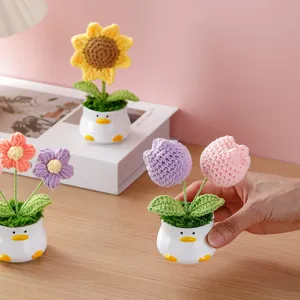 Handmade crochet potted flower with cute duck ceramic pot, perfect desktop decor gift.