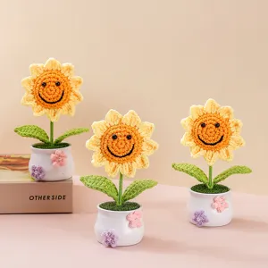 Handmade Crochet Sunflower Potted Plant Cute Smiling Face Knitted Flower Desk Decor Car Interior Ornament Graduation Gift