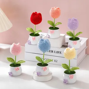 Handmade Knitted Crochet Tulip Potted Plant Artificial Flower Desk Car Home Decor Gift