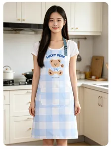 Cute waterproof kitchen apron for women blue checkered bear cooking bib cooking tool