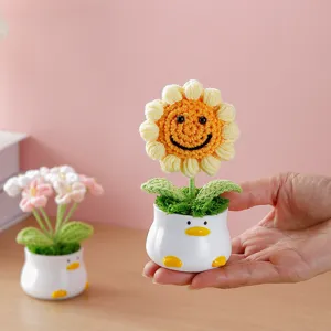 Handmade crochet sunflower potted plant cute duck ceramic vase desktop ornament birthday gift