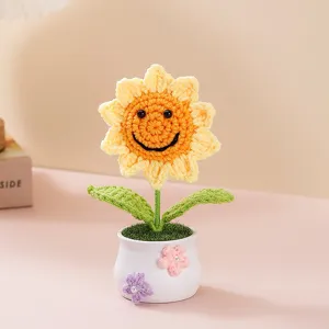 Handmade crochet sunflower potted plant cute smiley face knitted flower desk car decor