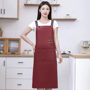 PU leather waterproof apron long kitchen cooking apron with pockets for women men cooking dining