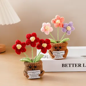Handmade crochet potted plant knit flower ornament with emotional support card for desk decor.