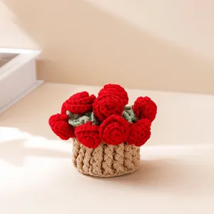 Handgemaakte gehaakte roos potplant gebreide bloem ornament thuis bureau decoratie cadeaus