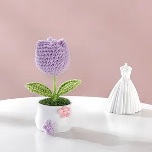 Handmade crochet tulip potted plant detailed view, cute desk decor and car ornament gift.