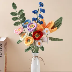 Handcrafted crochet flower bouquet in white ceramic vase, beautiful yarn gift for home decor.