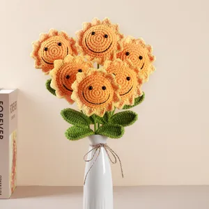 Handcrafted crochet smiley sunflower bouquet detail shot, beautiful gift for teachers.
