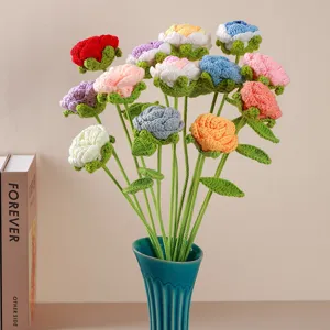 Handmade crochet rose flower bouquet, colorful knitted yarn floral arrangement for home decor gift.