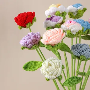 Handcrafted crochet rose bouquet detail, colorful knitted flower stems for home decor.