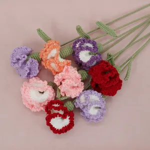 Dettaglio bouquet di garofani all'uncinetto fatti a mano, fiori di simulazione in lana lavorati.