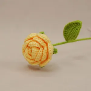 Handcrafted crochet yellow rose flower detail, handmade wool knitted flower stem fine.