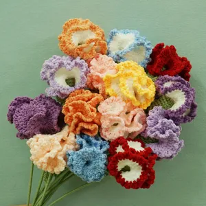 Bouquet di garofani all'uncinetto fatti a mano, composizione floreale a maglia, vista di dettaglio.