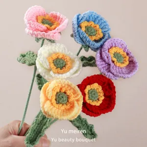 Handmade Crochet Poppy Flower Bouquet Knitted Yarn Artificial Flowers For Mother's Day Home Decor Gift