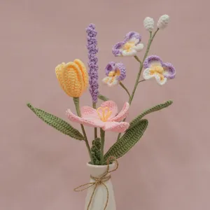 Handmade crochet flower bouquet with tulip and lavender in vase for home decor gift.