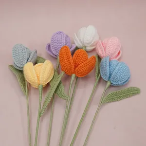 Handmade crochet tulip flower branches, colorful woolen knit bouquet for warm gifts and home decor.