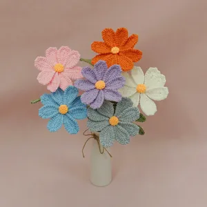 Handmade crochet cosmos flower bouquet in white vase, perfect living room home decor gift.
