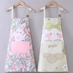 Wasserdichte Leinwand Cartoon Küchenschürze mit Nackenband, süßes Hasen und Tulpen Design.