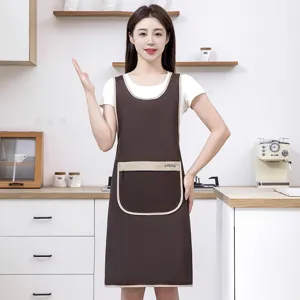 Stylish women's work apron with zipper pocket, brown kitchen cooking apron for home cafe shop.