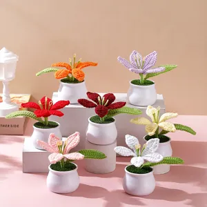 Piante in vaso di giglio uncinetto fatte a mano fiori in filato colorato decorazione.