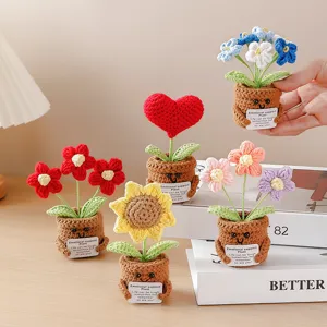 Handmade crochet potted plant detail showing cute knitted flowers and warm emotional support card.