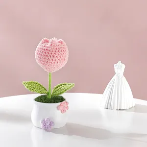 Handcrafted crochet tulip potted plant knitted flower ornament cute desktop decor for gift