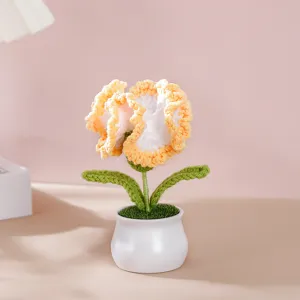 Handmade crochet carnation potted plant, cute floral ornament for home decor and gifts.