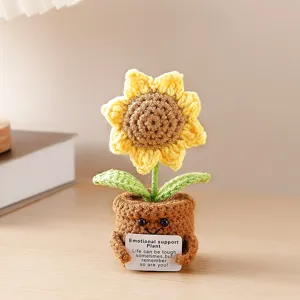 Handmade crochet sunflower potted plant with emotional support card for desk decor and gift.