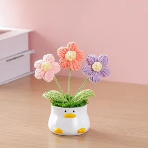 Handmade crochet flower potted plant with cute duck ceramic pot, perfect desktop decor and gift.