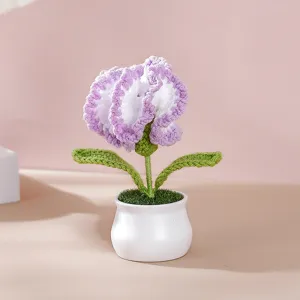 Handmade crochet carnation potted plant detail view, perfect cute home decor gift for mother day.