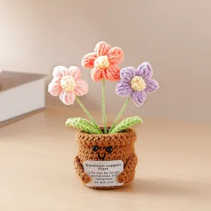 Handmade crochet potted plant cute emotional support flower knitted desktop ornament detail view.